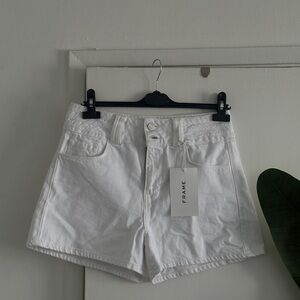 Frame Denim High Waist White Shorts with Raw Hem